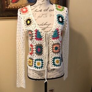 debut colorful crochet pattern front long sleeve solid back tie front cardigan